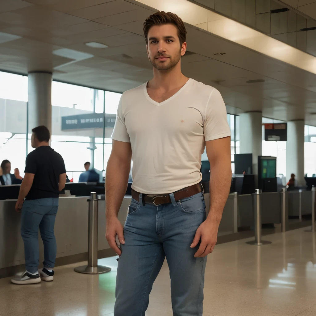 (((wide angle view, full body, handsome 35 year old desirable caucasian man with distinguished features, standing in airport))), (light brown medium length hair, cropped sides, clean shaved face, intriguing green eyes), (gray v-neck shirt, blue jeans, sneakers), muscular build, tall, seductive smile with gentle expression, detailed depiction of facial features, perfectly symmetrical face, bright overhead lighting masterfully accentuates his excellent features