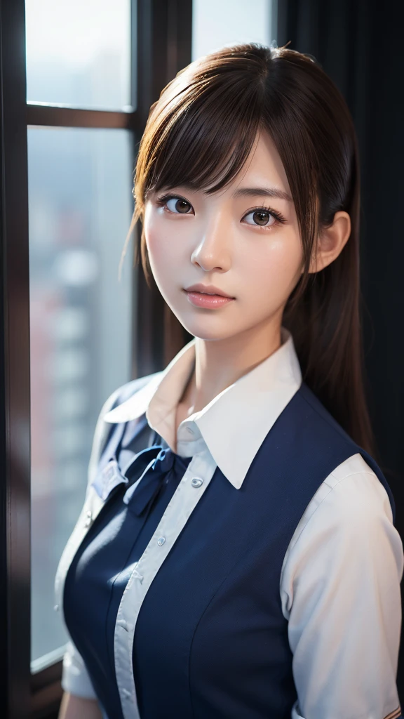 A beautiful young Japanese woman, around 20 years old, wearing a stewardess uniform, ultra-detailed, 8K resolution, highly realistic, cinematic lighting, best quality, masterpiece, photorealistic, physically-based rendering, extremely detailed, vivid colors, professional, sharp focus, studio lighting