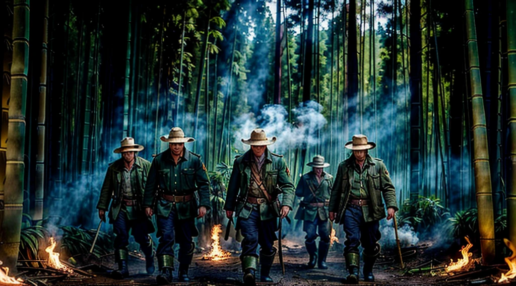 The Captain of the Forest -- closed hunter's jacket, long pants and hunter's boots, with a straw hat, he is wounded and is carried by the men who are his henchmen = one on the left side, the other on the right side - - a lot of smoke - he is carried by two henchmen - a lot of smoke - the captain of the forest carried by henchmen gets up from the ground - leaving the forest in the background a bamboo grove