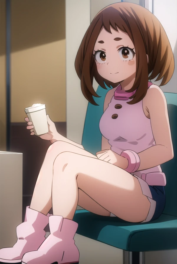 ochakouraraka, ochako uraraka, (uraraka ochako:1.5), (brown eyes:1.5), brown hair, short hair, blush, blush stickers, smile,
BREAK  shoulders, blue shorts,white shirts ,pink pink boots,black socks,
BREAK outdoors, city,
BREAK looking at viewer,
BREAK (masterpiece:1.2), best quality, high resolution, unity 8k wallpaper, (illustration:0.8), (beautiful detailed eyes:1.6), extremely detailed face, perfect lighting, extremely detailed CG, (perfect hands, perfect anatomy),sitting down on chair,medium ,