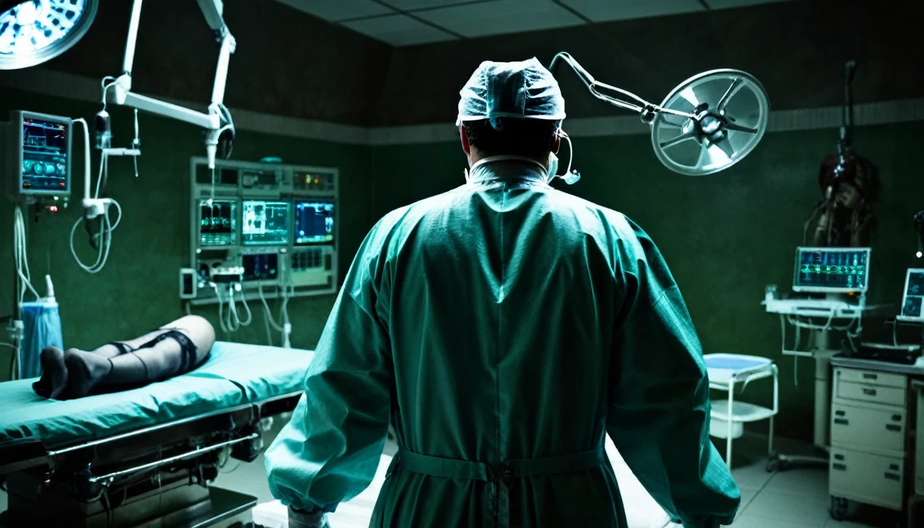 macabre doctor, with his back to the camera, operating room, sinister, macabre environment