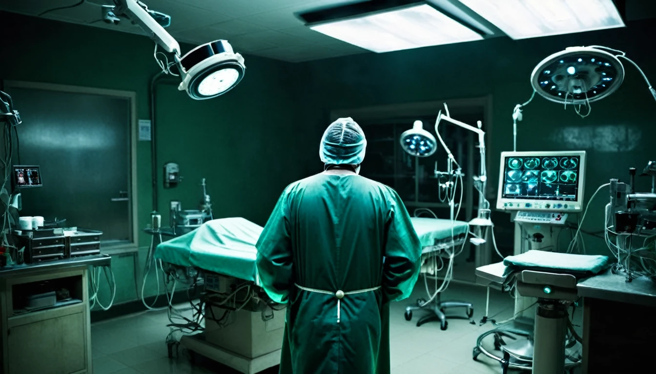 macabre doctor, with his back to the camera, operating room, sinister, macabre environment