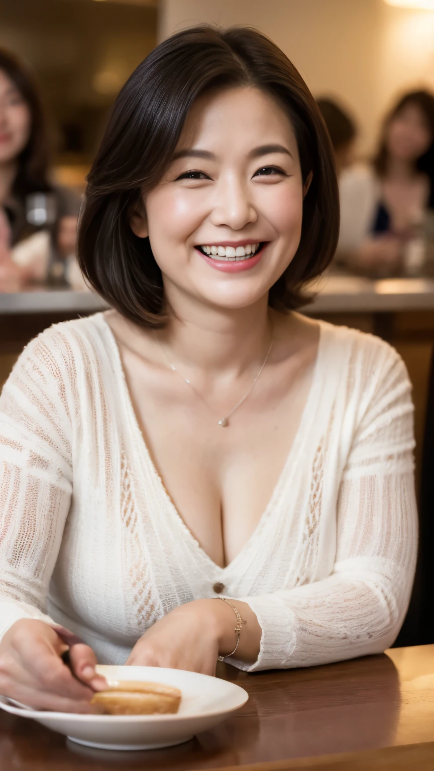 8k wallpaper, masterpiece, Highest quality, Super detailed, One Mature Woman, 50 years old, Become very clear, Wearing a short-sleeved knit, Skin dents, Captivating smile, Looking at the audience, Cleavage, plump, Curvaceous, Fascinating face, Smiling with teeth showing, I was happy, Sitting in a cafe, Background Blur