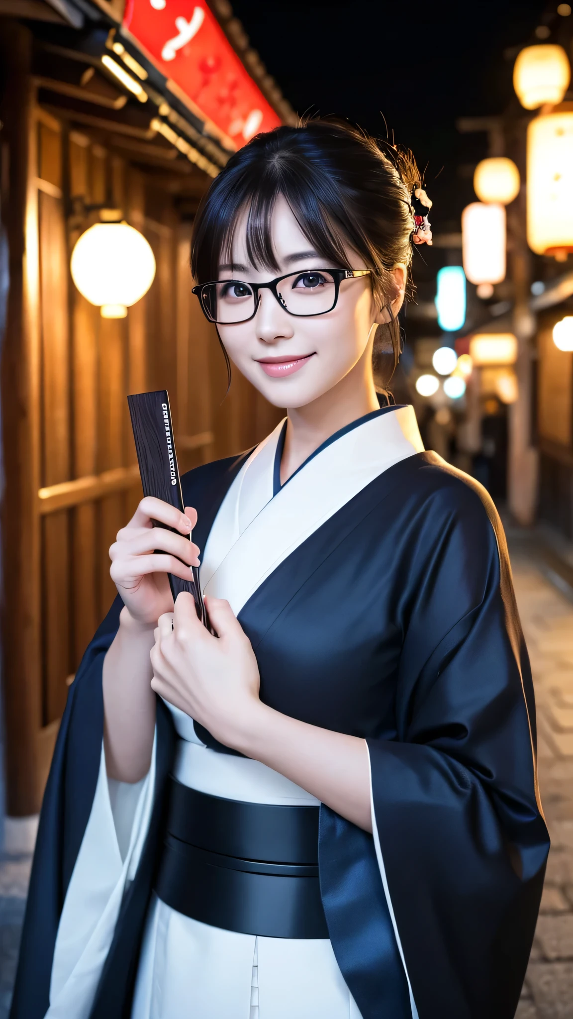 (Super beautiful woman in kimono)、((highest quality、8K masterpiece:1.3))、sharp focus:1.2、(super beautiful face:1.0)、(shiny skin:1.0)、realistic pictures、black hair、video lighting、High resolution eyes and face、video lighting、japanese actress、from the front、big breasts、with a happy smile、Slender abs beauty、whole body、wearing a kimono、in Kyoto、(((luxury obi)))、In Kyoto at night、wearing glasses with no edge、with a fan