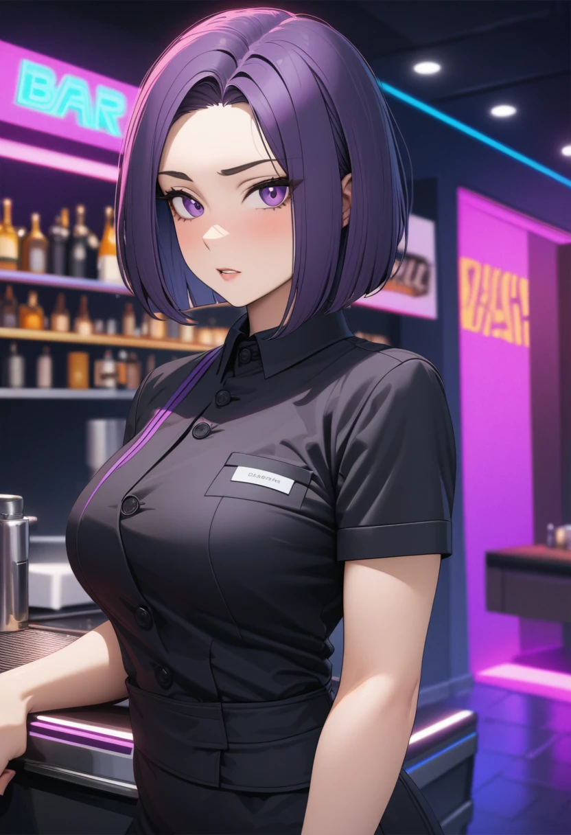 Adult Female, Black purple hair, slanted bob haircut, phlegmatic, stoic expression, perfect purple eyes, cyberpunk bar, bartender, bartender uniform, highly detailed, high quality, perfect quality, 8k, cleaning with towel, solid black pupils