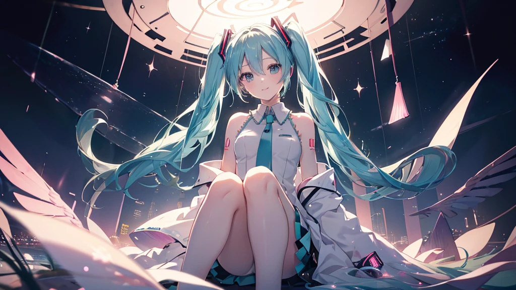 (((Hatsune Miku))), (((Highest quality、masterpiece、Ultra-fine、Ultra-fine、Exquisite、16K、Full HD,high school girl,))) 、((The best smile)), Dark Eyes、Long eyelashes、White skin、(Pale pink lips、Pale pink cheeks、thin and long)、 ((cute)) ((One person)) 、((Sitting)) 、Wide Shot、Space galaxy background、(A magnificent composition、epic proportion)、Dynamic lighting、