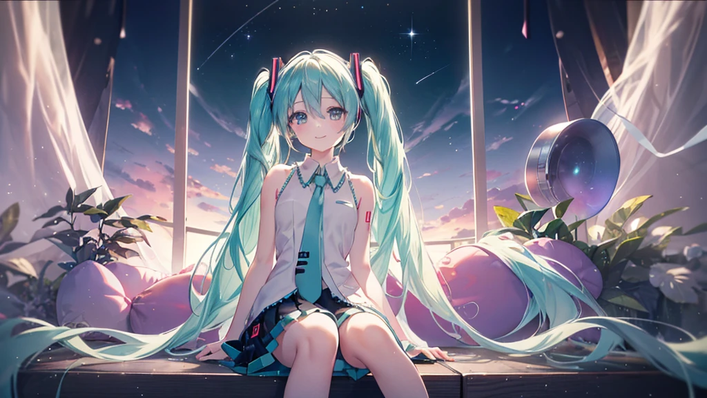 (((Hatsune Miku))), (((Highest quality、masterpiece、Ultra-fine、Ultra-fine、Exquisite、16K、Full HD,high school girl,))) 、((The best smile)), Dark Eyes、Long eyelashes、White skin、(Pale pink lips、Pale pink cheeks、thin and long)、 ((cute)) ((One person)) 、((Sitting)) 、Wide Shot、Space galaxy background、(A magnificent composition、epic proportion)、Dynamic lighting、