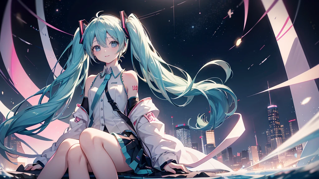 (((Hatsune Miku))), (((Highest quality、masterpiece、Ultra-fine、Ultra-fine、Exquisite、16K、Full HD,high school girl,))) 、((The best smile)), Dark Eyes、Long eyelashes、White skin、(Pale pink lips、Pale pink cheeks、thin and long)、 ((cute)) ((One person)) 、((Sitting)) 、Wide Shot、Space galaxy background、(A magnificent composition、epic proportion)、Dynamic lighting、