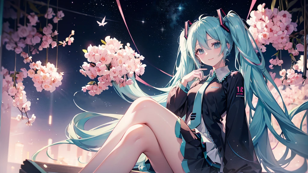 (((Hatsune Miku))), (((Highest quality、masterpiece、Ultra-fine、Ultra-fine、Exquisite、16K、Full HD,high school girl,))) 、((The best smile)), Dark Eyes、Long eyelashes、White skin、(Pale pink lips、Pale pink cheeks、thin and long)、 ((cute)) ((One person)) 、((Sitting)) 、Wide Shot、Space galaxy background、(A magnificent composition、epic proportion)、Dynamic lighting、