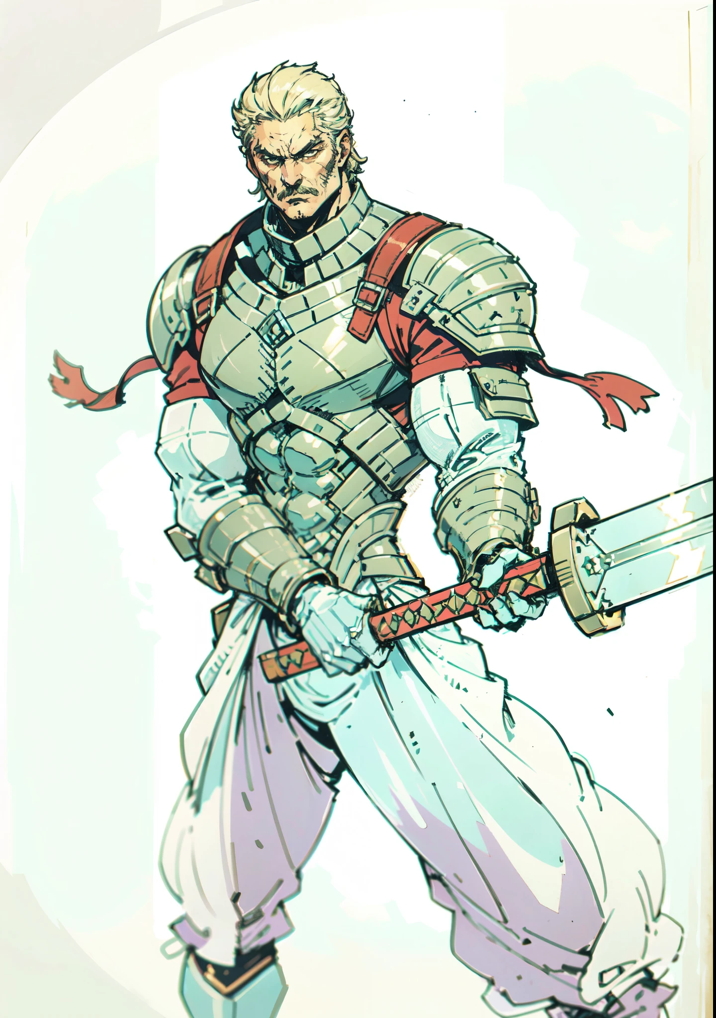 (masterpiece:1.2, best quality, extremely delicate, perspective, foreshortening, dynamic angle), a middle-aged man with slicked-back golden hair, a dignified face, deep eyes, a mustache on his upper lip, a focused expression, tall and muscular, covered in scars, fantasy-reality style warrior leather armor, ribbons tied around his arms, black iron bracers, dark cargo pants, holds a long-handled greatsword with both hands, standing guard in front of a fortress gate, this character embodies a finely crafted fantasy-realist style warrior in anime style, exquisite and mature manga art style, dramatic, high definition, highres, ultra-detailed, ultra-fine painting, professional, perfect body proportions, golden ratio, anatomically correct, symmetrical face, extremely detailed eyes and face, high quality eyes, creativity, RAW photo, UHD, 32k, Natural light, cinematic lighting, masterpiece-anatomy-perfect