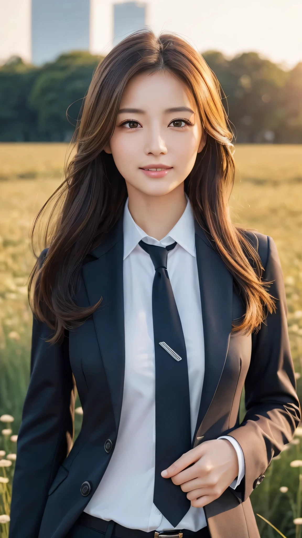 highest quality、genuine、Super detailed、finely、High resolution、8k wallpaper、one beautiful woman、、、light brown disheveled hair、wearing a business suit、sharp focus、perfect dynamic composition、beautiful and detailed eyes、thin hair、Detailed genuine skin texture、smile、model body shape、In Tokyo at morning、In a windswept meadow