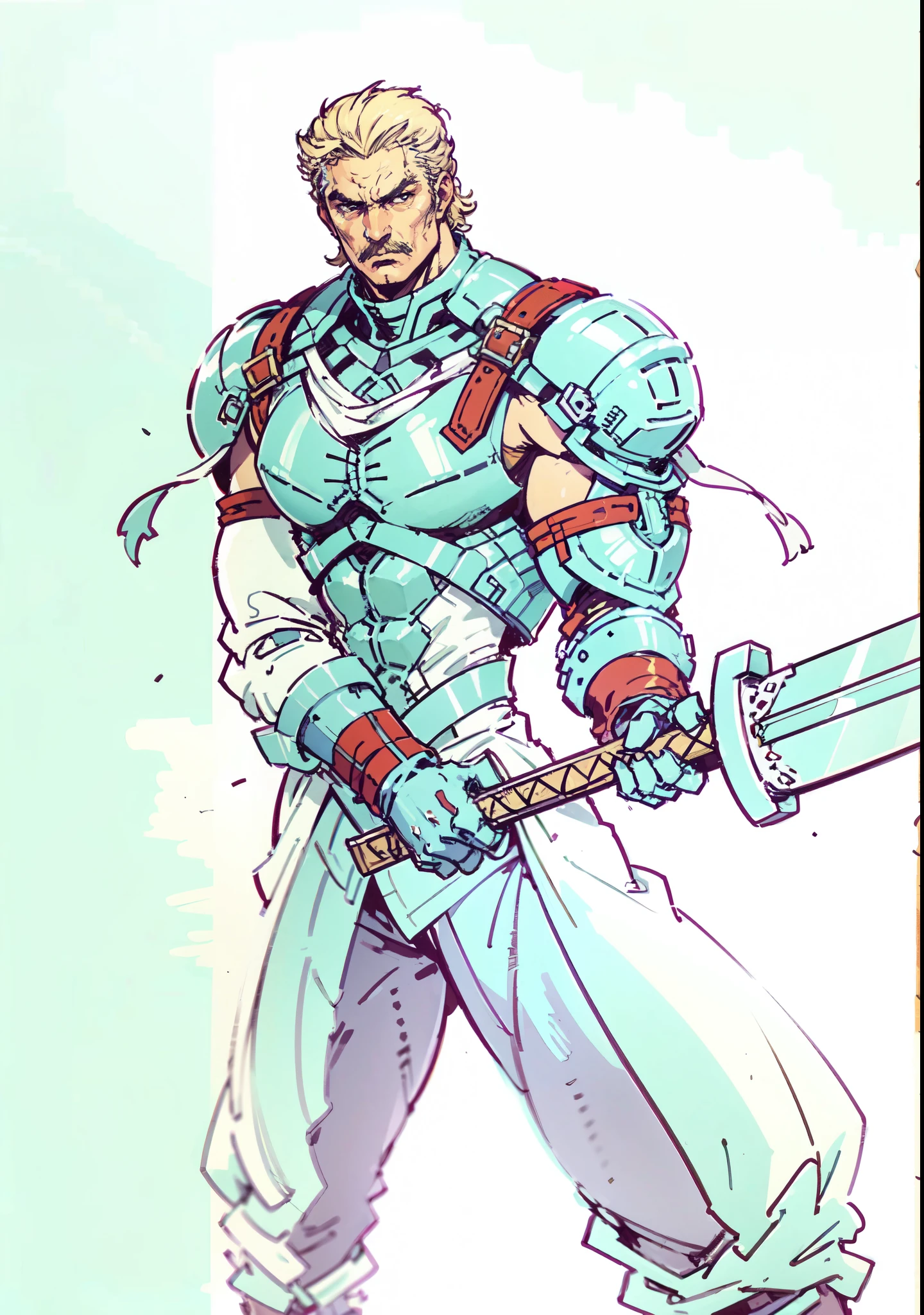 (masterpiece:1.2, best quality, extremely delicate, perspective, foreshortening, dynamic angle), a middle-aged man with slicked-back golden hair, a dignified face, deep eyes, a mustache on his upper lip, a focused expression, tall and muscular, covered in scars, fantasy-reality style warrior leather armor, ribbons tied around his arms, black iron bracers, dark cargo pants, holds a long-handled greatsword with both hands, standing guard in front of a fortress gate, this character embodies a finely crafted fantasy-realist style warrior in anime style, exquisite and mature manga art style, dramatic, high definition, highres, ultra-detailed, ultra-fine painting, professional, perfect body proportions, golden ratio, anatomically correct, symmetrical face, extremely detailed eyes and face, high quality eyes, creativity, RAW photo, UHD, 32k, Natural light, cinematic lighting, masterpiece-anatomy-perfect