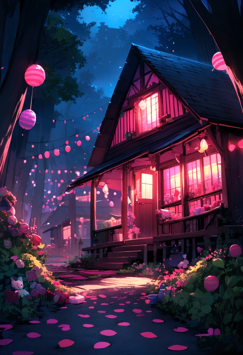 neon, night, nocturnal, house of candy in deep forest, house with walls of candy, candy in flow and all around.