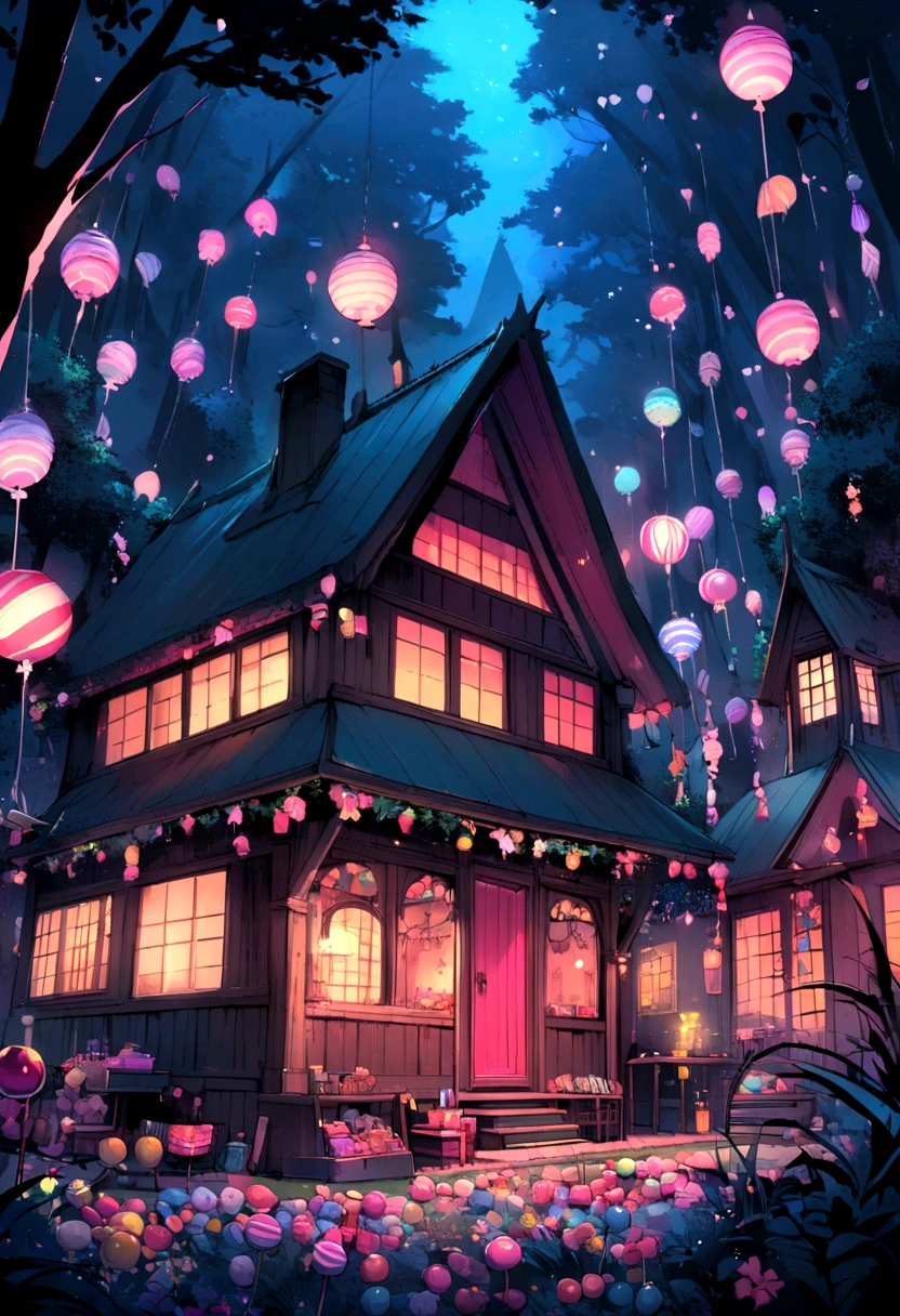 neon, night, nocturnal, house of candy in deep forest, house with walls of candy, candy in flow and all around.