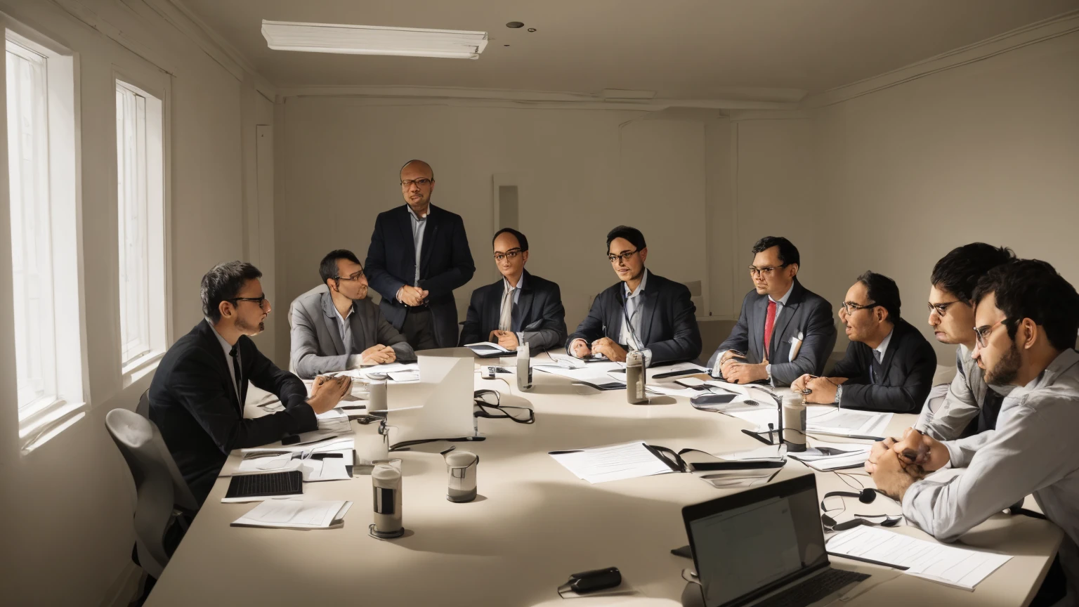 group of senior researchers and experts talking in a dark room