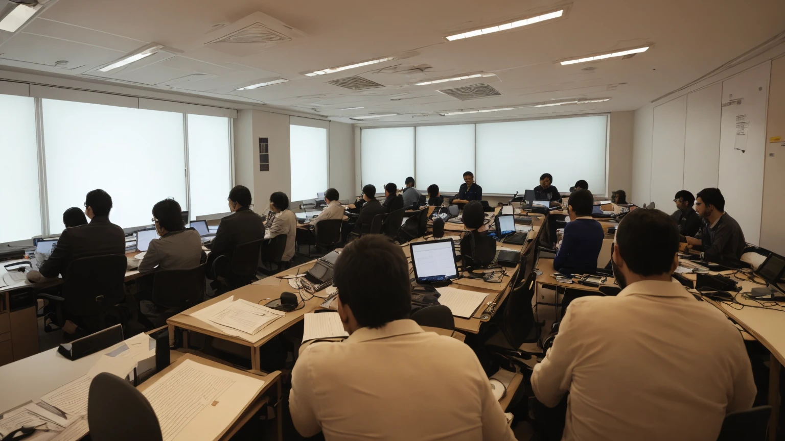 group of senior researchers and experts talking in a dark room