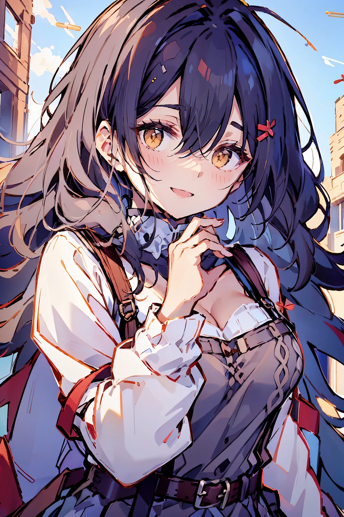 (masterpiece:1.2), (high quality:1.2), hui xiyi, rekkyo sensen, rekkyou sensen, girls with((black hair, bangs, (one side up, long wavy hair, hair clips:1.55), hand up, waving is hands, perfect hands, perfect fingers, (exposed breasts, tits cleavage, breasts close up:1.2), dress((suspenders, dress, belts:1.15), (blue clothes, frills shirt, white knit sweater, long sleeves:1.2)), upper body)), background with((fantasy world, ruin, castle, beautiful sky, shining sky, sunshine))