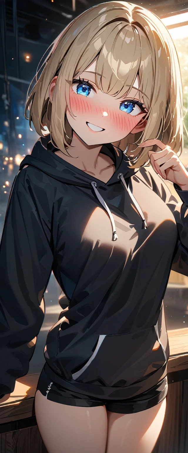 (((One girl))), blond hair, bob cut, (upper body), (looking sway), breasts, teenager, head tilt:1.3, (((blue eye))), (from side), scratching cheek, ((happy smile)), ((full face blush)), black hoodie, black shorts, anime style, (best quality, 4k, 8k, highres, masterpiece:1.2, ultra-detailed, ultra-detailed eyes, HDR, UHD, studio lighting, ultra-fine painting, sharp focus, physically-based rendering, extreme detail description, professional, vivid colors, bokeh)