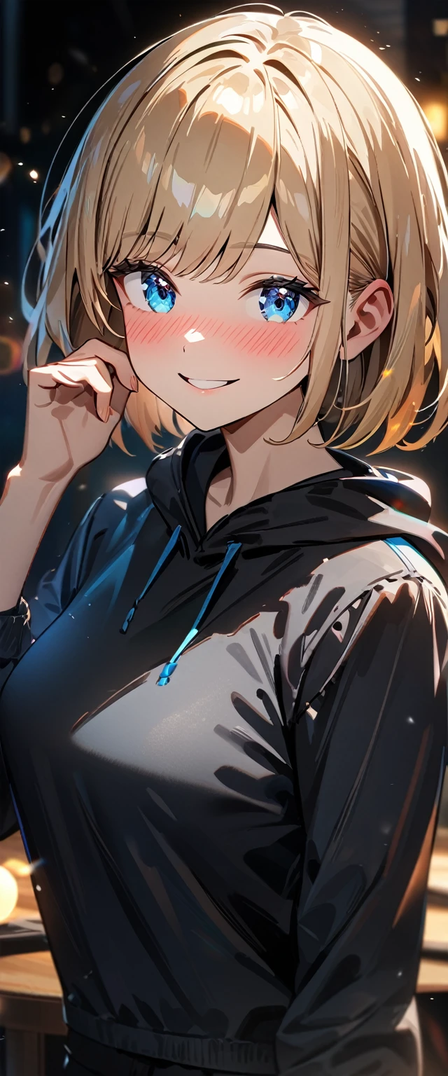 (((One girl))), blond hair, bob cut, (upper body), (looking sway), breasts, ager, head tilt:1.3, (((blue eye))), (from side), scratching cheek, ((happy smile)), ((full face blush)), black hoodie, black shorts, anime style, (best quality, 4k, 8k, highres, masterpiece:1.2, ultra-detailed, ultra-detailed eyes, HDR, UHD, studio lighting, ultra-fine painting, sharp focus, physically-based rendering, extreme detail description, professional, vivid colors, bokeh)
