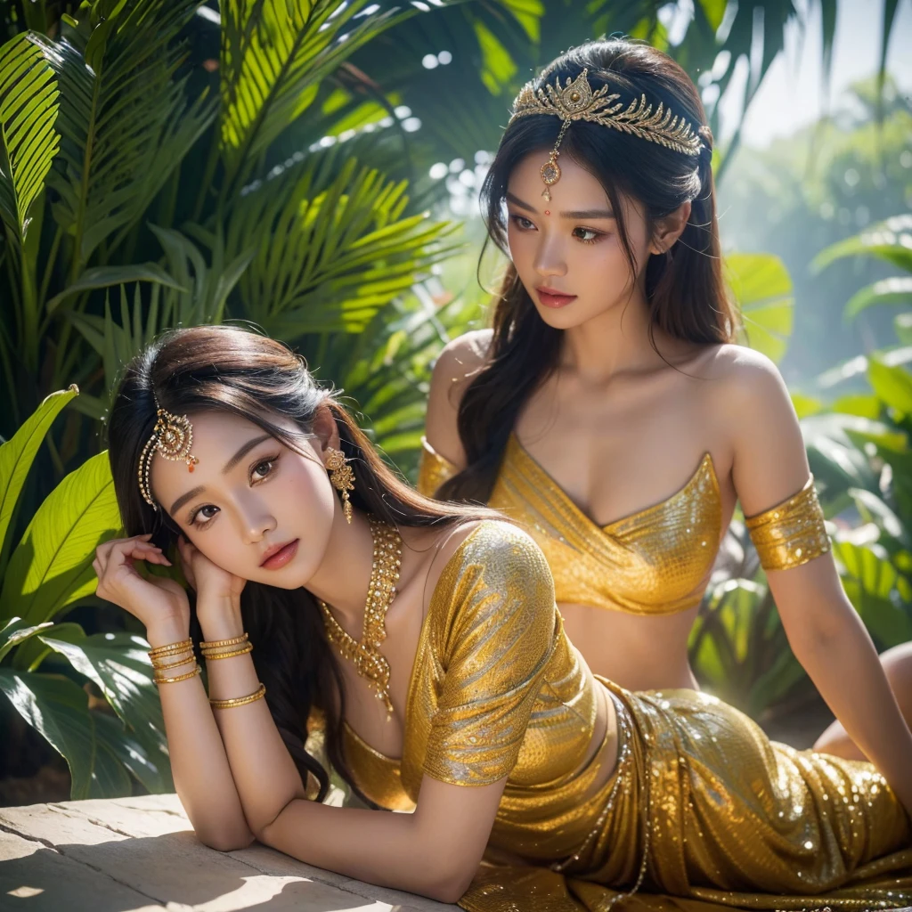 a beautiful khmer apsara dancer, intricate traditional khmer dress, graceful posing, long wavy hair, glowing skin, detailed facial features, serene expression, ornate headdress, detailed jewelry, lush tropical garden background, natural lighting, vibrant colors, (best quality,4k,8k,highres,masterpiece:1.2),ultra-detailed,(realistic,photorealistic,photo-realistic:1.37),digital painting,cinematic lighting,detailed texture