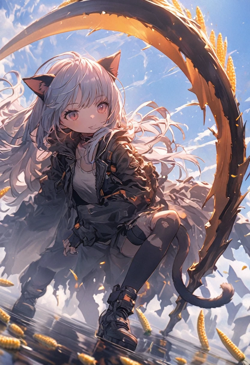Detailed silhouette of a cyberpunk girl with cat ears and a tail, Flowing, Tattered coat, He carries a giant scythe with a mechanical cat design on it.., Stand on the glossy, Minimalist Reflective Surface, Soft Blue Background, Corn, Depth, Dynamic Angle