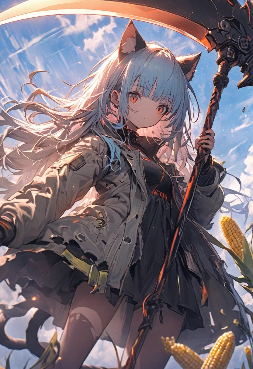 Detailed silhouette of a cyberpunk girl with cat ears and a tail, Flowing, Tattered coat, He carries a giant scythe with a mechanical cat design on it.., Stand on the glossy, Minimalist Reflective Surface, Soft Blue Background, Corn, Depth, Dynamic Angle