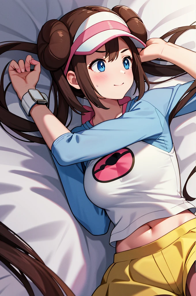 masterpiece, top-quality, hight resolution, RO1, Hair buns, blue eyess, Twin-tailed, Visor Cap, raglan sleeves, Yellow shorts, The shirt, Pink ribbon, Watches,large full breasts、、appealing breast、breastso、sexy tummy, tetas grandes, solo, 1girl, BEDROOM background, hands on chest, embarrased, blush, smile, lying on bed, side view,