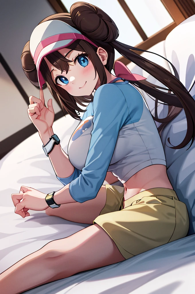 ​masterpiece, top-quality, hight resolution, RO1, Hair buns, blue eyess, Twin-tailed, Visor Cap, raglan sleeves, Yellow shorts, The shirt, Pink ribbon, Watches,large full breasts、、appealing breast、breastso、sexy tummy,  tetas grandes, solo, 1girl, BEDROOM background, hands on chest, embarrased, blush, smile, lying on bed, side view, 