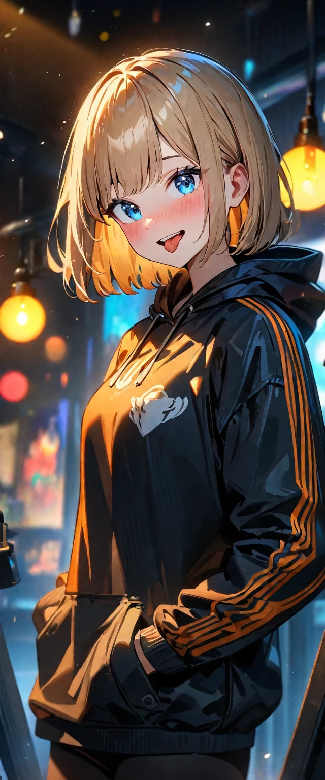 (((One girl))), blond hair, bob cut, (upper body), (looking at viewer), breasts, ager, head tilt:1.3, (((blue eye))), (from side), hand in pocket, ((happy smile)), ((full face blush)), tongue out, open mouth, black hoodie, black shorts, anime style, (best quality, 4k, 8k, highres, masterpiece:1.2, ultra-detailed, ultra-detailed eyes, HDR, UHD, studio lighting, ultra-fine painting, sharp focus, physically-based rendering, extreme detail description, professional, vivid colors, bokeh)