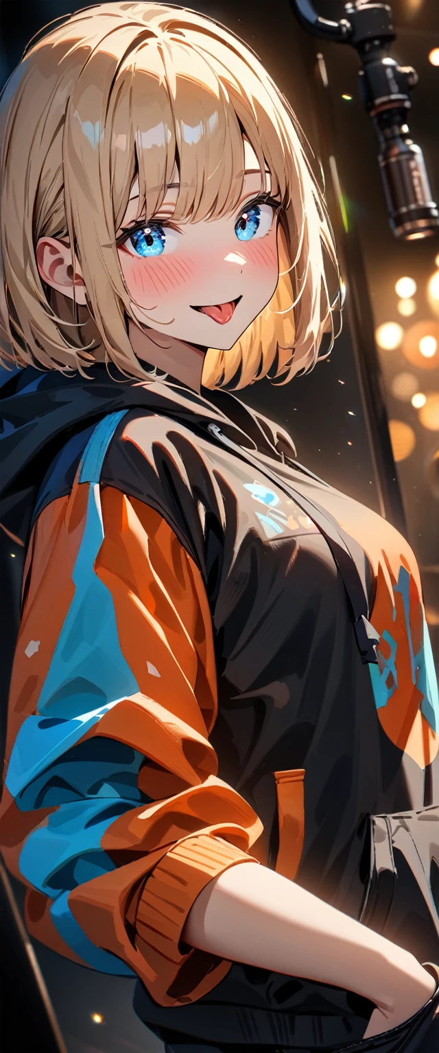 (((One girl))), blond hair, bob cut, (upper body), (looking at viewer), breasts, teenager, head tilt:1.3, (((blue eye))), (from side), hand in pocket, ((happy smile)), ((full face blush)), tongue out, open mouth, black hoodie, black shorts, anime style, (best quality, 4k, 8k, highres, masterpiece:1.2, ultra-detailed, ultra-detailed eyes, HDR, UHD, studio lighting, ultra-fine painting, sharp focus, physically-based rendering, extreme detail description, professional, vivid colors, bokeh)