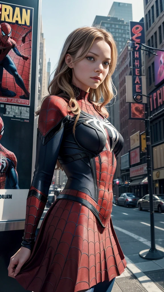 Anna Tove、マーベルコミックの映画Poster、so beautiful、Movies about Spider-Man、sexy、whole body、Wearing a skirt、Premiere Date、Poster、belly buttonを突き出す、new york、She&#39;s wearing a ripped Spiderman suit、The suit is torn、Wearing a skirt、Red and black color scheme、dynamic、masterpiece、Highest quality、Super detailed、Very detailed、Delicate and beautiful shine、Ultra-high resolution、Cinematic、break、breakドロップ、(Torn clothes:1.5)、(Wet clothes:1.4)、Bare shoulders、Real Rain、Wet Hair、belly button、Exposed Skin、sexyな肩を披露