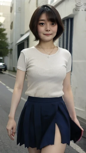 Japanese girl, short haircut, 20 yrs old, one girl, cute, walk in the street,Skirts, t-shirts

