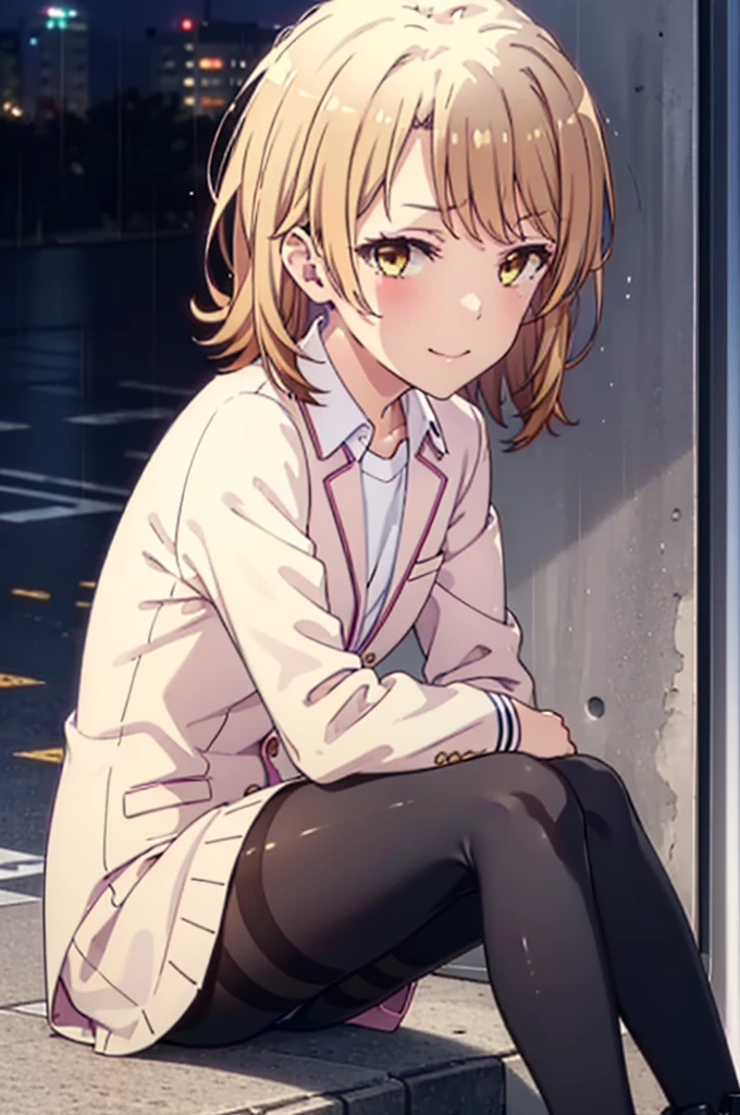 Irohaisshiki, isshiki iroha, short hair, Brown Hair, (Brown eyes:1.5), happy smile, smile, Close your mouth,blush,rain,Pink oversized coat,V-neck shirt,mini skirt,Black pantyhose,short boots,Sitting leaning against the wall,Hiding in a roofed building,whole bodyがイラストに入るように,
break outdoors, Building district,
break looking at viewer,whole body,
break (masterpiece:1.2), Highest quality, High resolution, unity 8k wallpaper, (figure:0.8), (Beautiful attention to detail:1.6), Highly detailed face, Perfect lighting, Highly detailed CG, (Perfect hands, Perfect Anatomy),