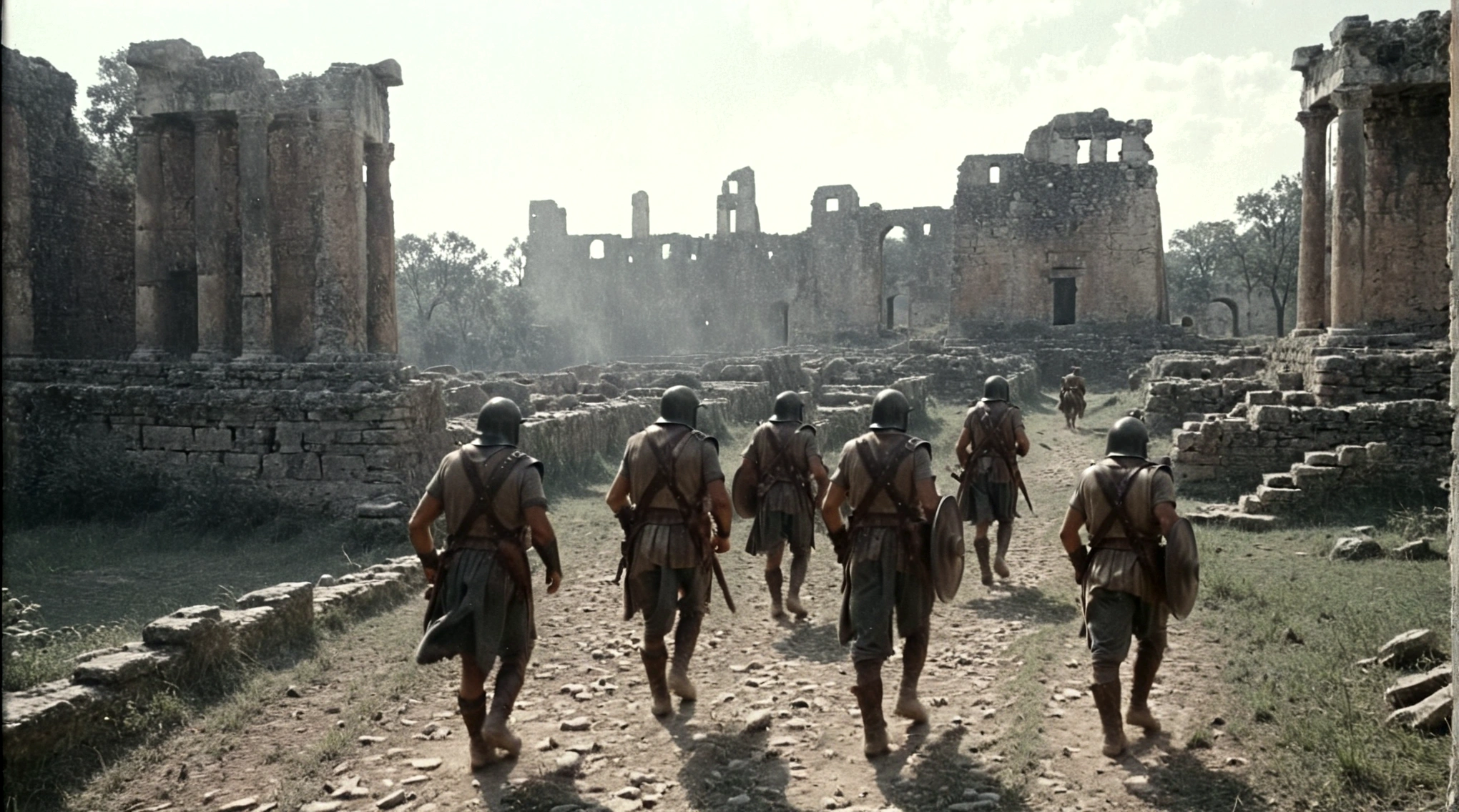 black and white, grainy old footage, 35mm vintage, frightened 18th century explorers running from two giant-spartan soldiers among ancient ruins