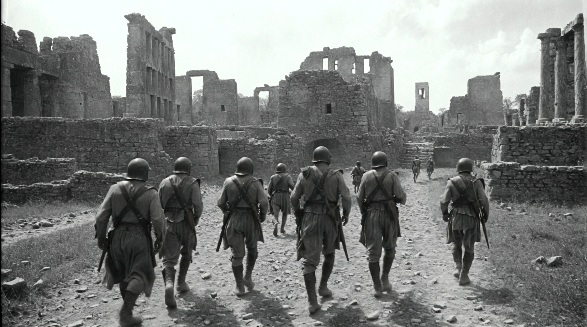 black and white, grainy old footage, 35mm vintage, frightened 18th century explorers running from two giant-spartan soldiers among ancient ruins
