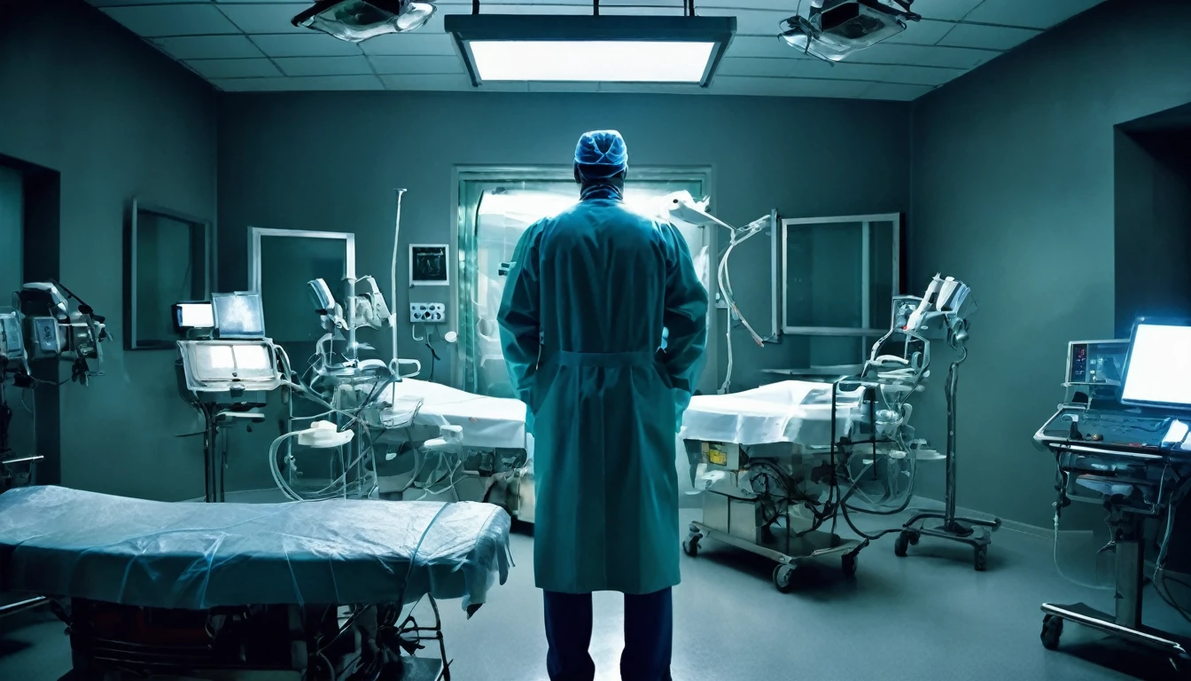 macabre doctor, with his back to the camera, operating room, sinister, macabre environment
