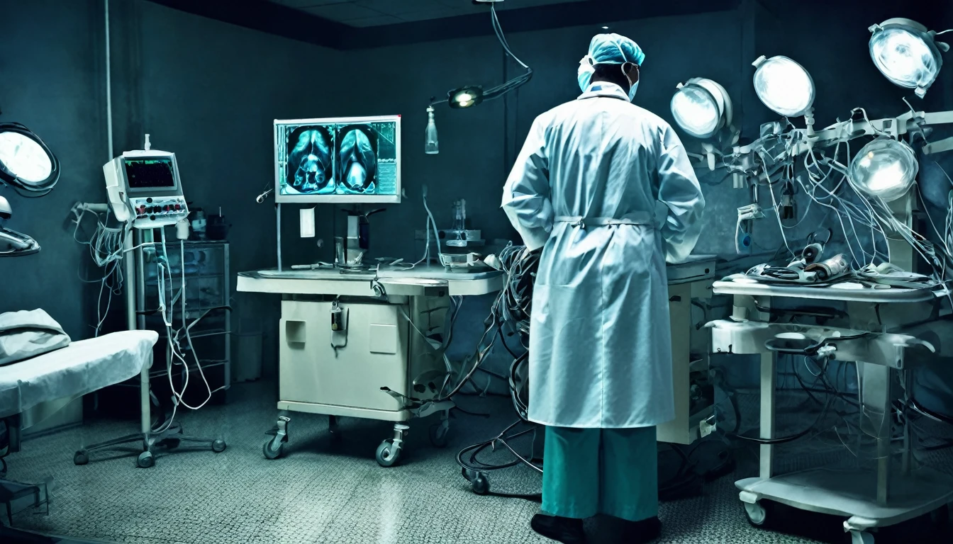 macabre doctor, with his back to the camera, operating room, sinister, macabre environment