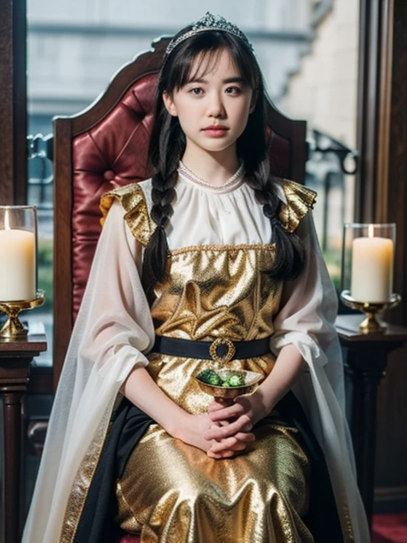 (Ultra-high resolution), (masterpiece), (Attention to detail), (high quality), (最high quality) , One Girl, Medieval Lady, ((Queen,)), 中世風のQueen, Heavy gown, Braided Hair, Gold crown, Ruby Pendant, Armor details, Medieval castle, Wooden throne, candlestick, Magnificent Hall, Old-fashioned beauty, Strong presence, Classic, Mysterious Aura, Heavy drape