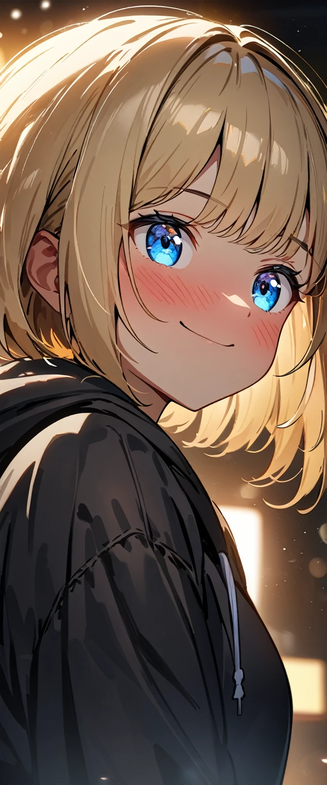 (((One girl))), blond hair, bob cut, (upper body), (looking away), breasts, ager, head tilt:1.3, (((blue eye))), (from side), scratching cheek, ((happy smile)), ((full face blush)), black hoodie, black shorts, anime style, (best quality, 4k, 8k, highres, masterpiece:1.2, ultra-detailed, ultra-detailed eyes, HDR, UHD, studio lighting, ultra-fine painting, sharp focus, physically-based rendering, extreme detail description, professional, vivid colors, bokeh)
