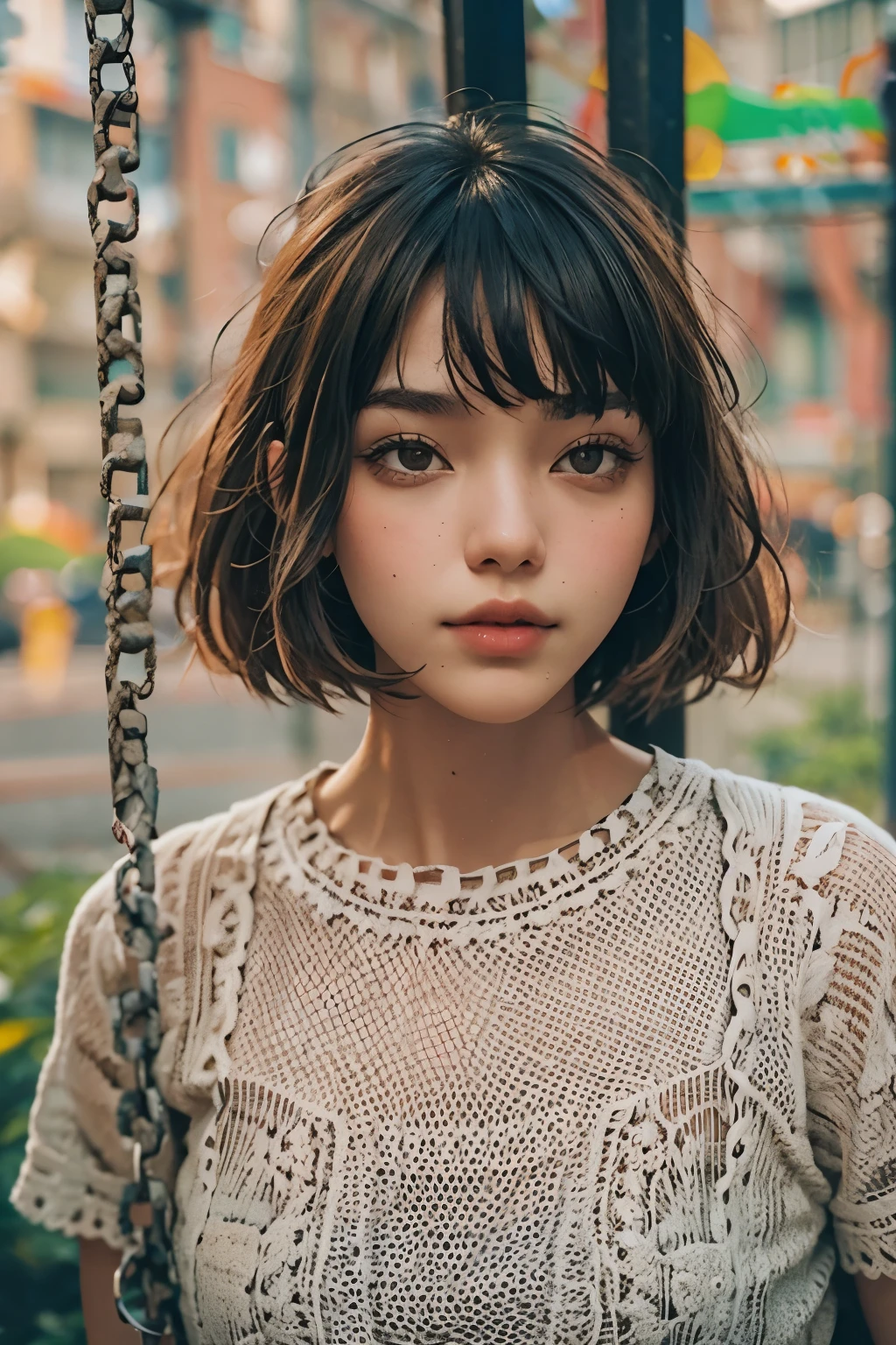 Raped woman with short hair, what makeup, without makeup, Centrally separated curtain bangs, Profile picture, Use Instagram Filters, Subtle soft and dim light, Pose looking around the playground, seesaw, swing, perfect face, julia sardinian, perfect hands, Random behavior, Sandbox, clear sky, full body view,