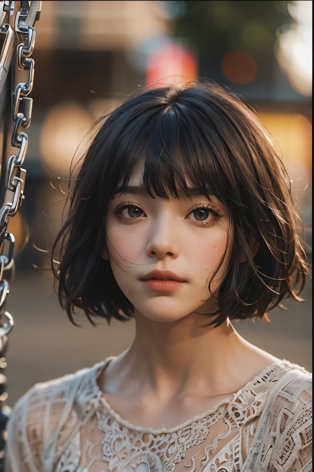 Raped woman with short hair, what makeup, without makeup, Centrally separated curtain bangs, Profile picture, Use Instagram Filters, Subtle soft and dim light, Pose looking around the playground, seesaw, swing, perfect face, julia sardinian, perfect hands, Random behavior, Sandbox, clear sky, full body view,