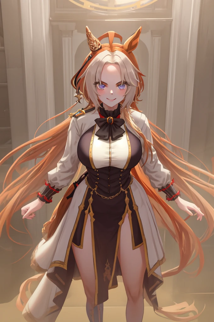 ,1 personの女の子,smile, View your viewers,masterpiece,Highest quality,masterpiece, Highest quality, 1 person,( Are standing, View your audience,),Detailed Background、A person who writes in detail、Accurate human body、Knowledgeable person、Accurate 5 fingers,Cruby Body,((Large Breasts)),orfevre \(umamusume\),