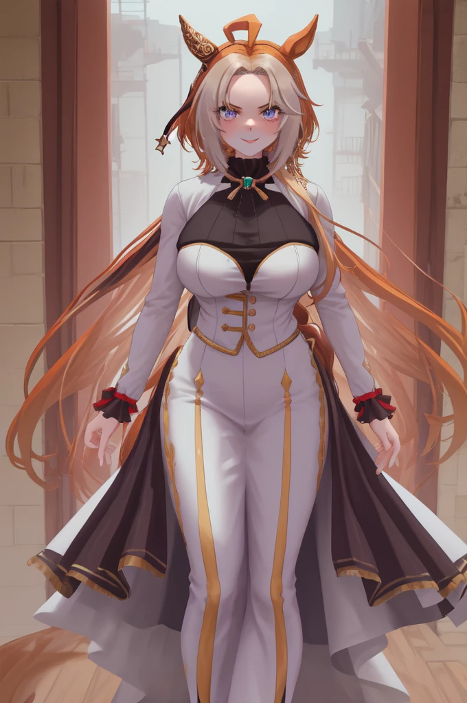 ,1 personの女の子,smile, View your viewers,masterpiece,Highest quality,masterpiece, Highest quality, 1 person,( Are standing, View your audience,),Detailed Background、A person who writes in detail、Accurate human body、Knowledgeable person、Accurate 5 fingers,Cruby Body,((Large Breasts)),orfevre \(umamusume\),