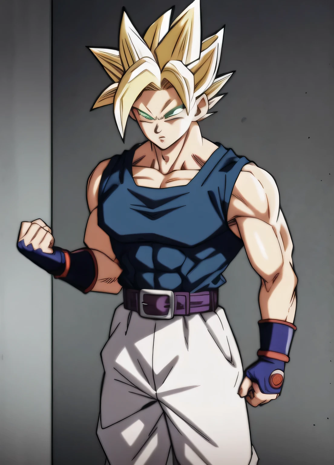 dbsuper style, 
1 boy, Halo, belt, Blonde hair, contusion, contusion on face, Clenched hands, frown, frown, Gloves, Green Eyes, grey Gloves, Injuried, Male focus, muscular, muscular male, Solitary, Spiked Hair, Super Saiyan, Super Saiyan 1, Upper Body, Vest, Widow Peak
, ((masterpiece)) 
