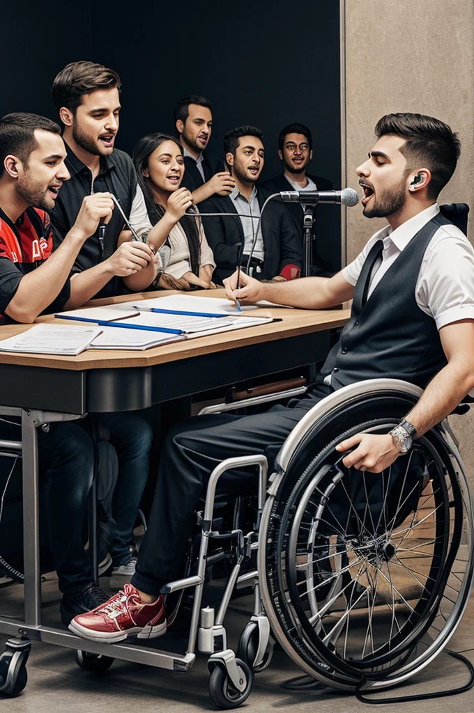 a drawing about a situation where people including a disabled are observed without discriminating when he sings