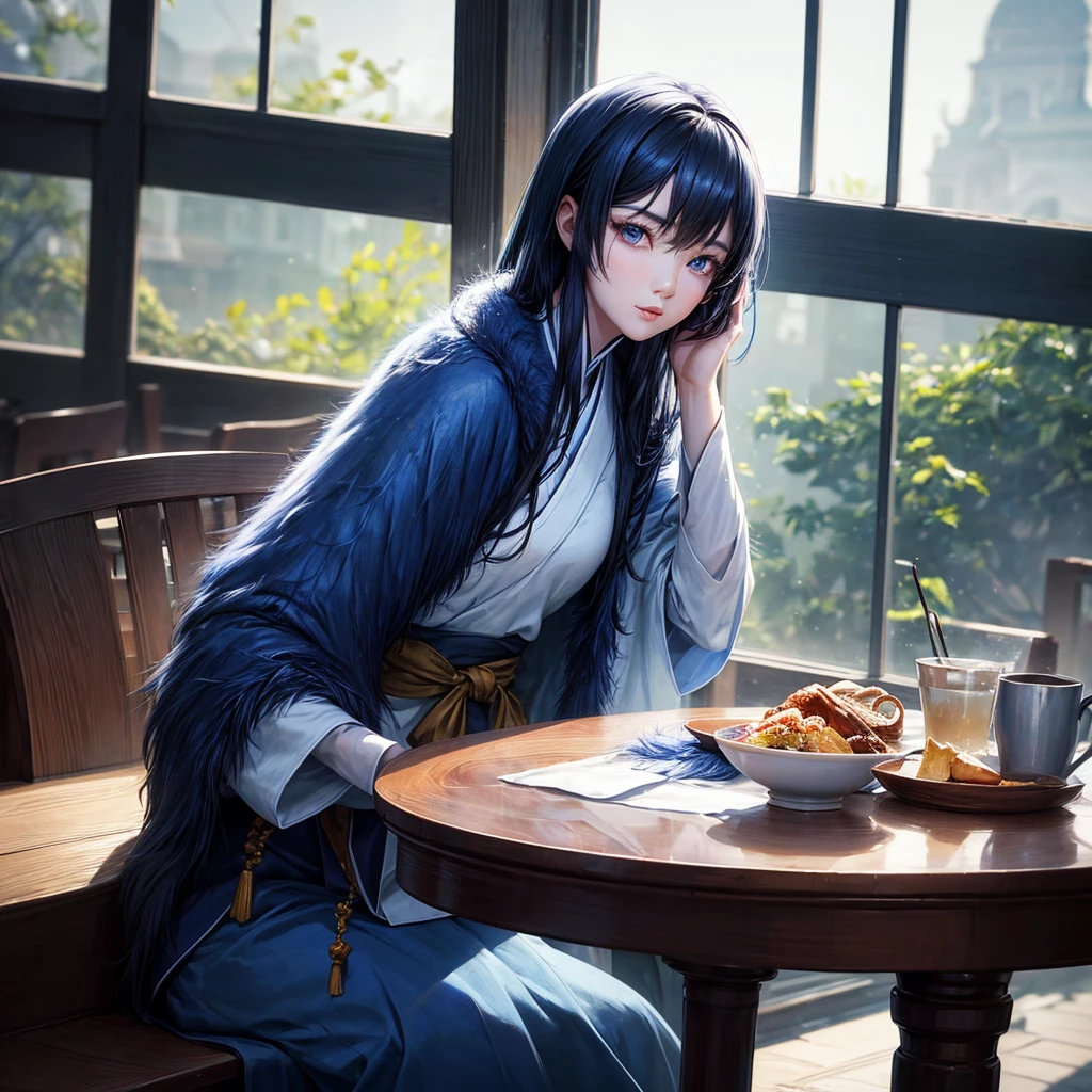 photo of korean leegahyeon woman in cafe sitting at table holding sunlight from cafe window, blue fur, dynamic pose, skin texture, pale skin, shiny skin, (Delgado, small:1.2), [:(sharp focus on face, detailed face, Perfect eyes, looking at the viewer:1.2):0.2], photorealistic, film grain, Best Quality, Masterpiece 