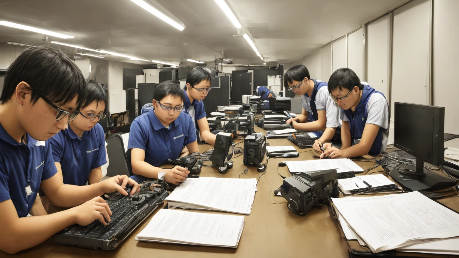 group of amateur researchers in a dark room