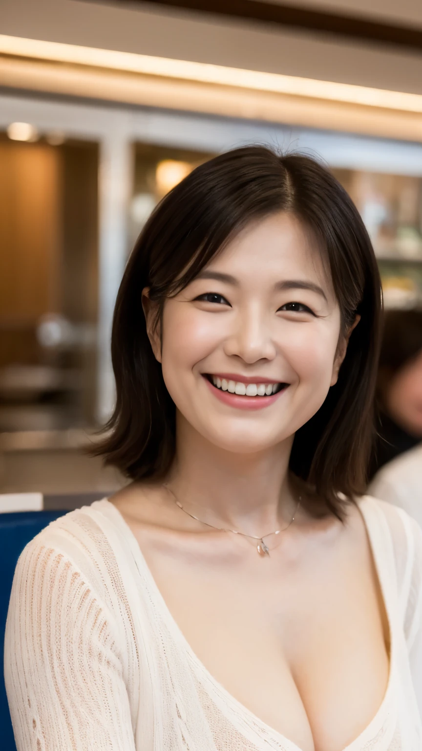 8k wallpaper, masterpiece, Highest quality, Super detailed, One Mature Woman, 50 years old, Become very clear, Wearing a short-sleeved knit, Skin dents, Captivating smile, Looking at the audience, Cleavage, plump, Curvaceous, Fascinating face, Smiling with teeth showing, I was happy, Sitting in a cafe, Background Blur