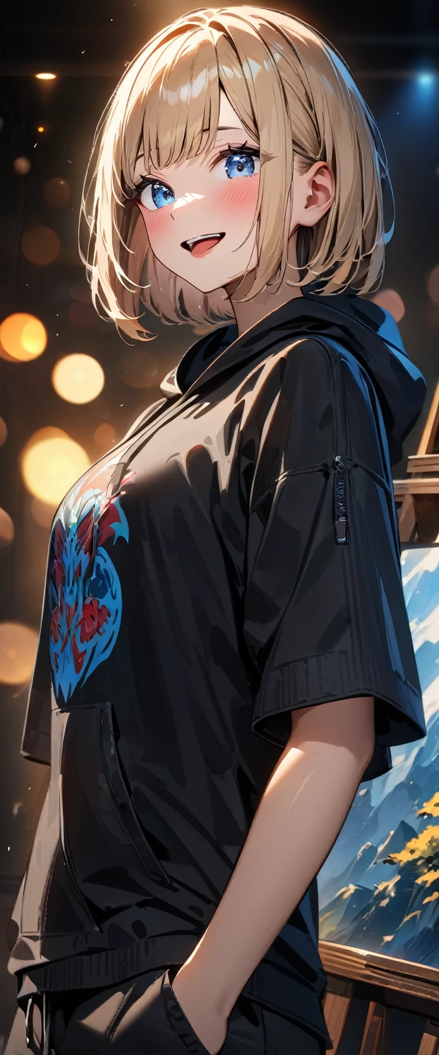 (((One girl))), blond hair, bob cut, (upper body), (looking at viewer), breasts, teenager, head tilt:1.3, (((blue eye))), (from side), hand in pocket, ((happy smile)), ((full face blush)), tongue out, open mouth, black hoodie, black shorts, anime style, (best quality, 4k, 8k, highres, masterpiece:1.2, ultra-detailed, ultra-detailed eyes, HDR, UHD, studio lighting, ultra-fine painting, sharp focus, physically-based rendering, extreme detail description, professional, vivid colors, bokeh)