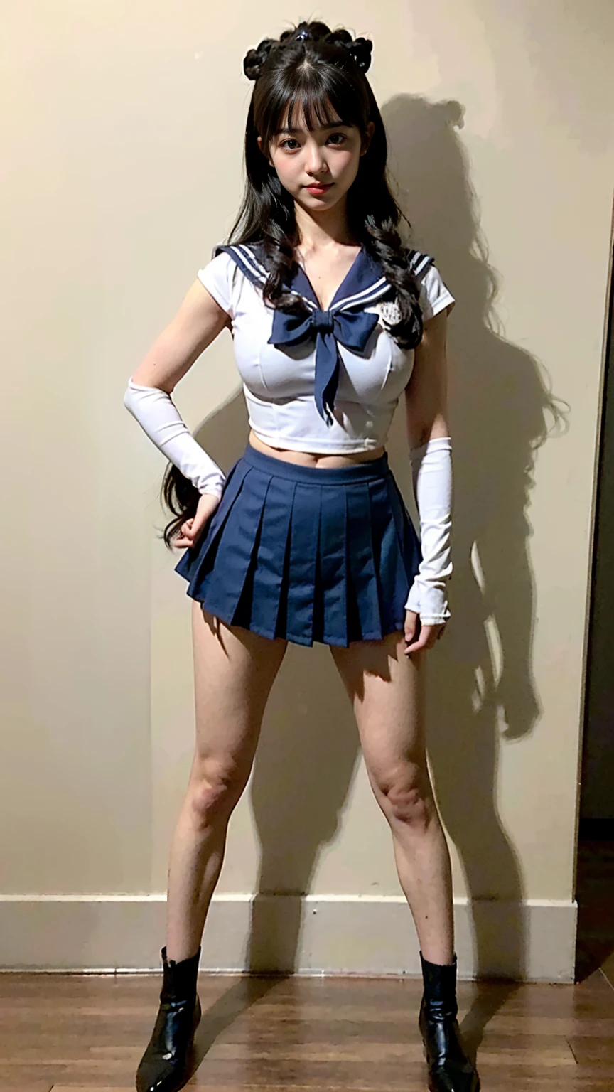 (8K、RAW Photos、Highest quality、masterpiece:1.2)、(Realistic、Realistic)、1 girl、((Sailor Warrior Outfits:1.5、With pubic hair、Large Breasts、Full body from the front、Standing with hands behind back、、Lots of eyelashes、Glowing eyelids、skeletally correct、smile、This photo will awaken boys to sex、Hotel Rooms